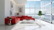 A living room with a red couch and a white coffee table