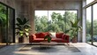 A living room with a red couch, a coffee table, and a potted plant