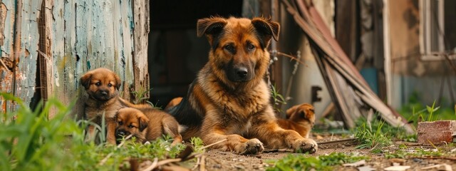 Wall Mural - a dog with puppies on the background of an old house. Selective focus