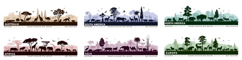 set of european, asian, australean, african and american panoramas with silhouettes of wild animals.