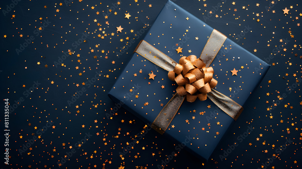 Blue gift box tied with gold ribbon and star shaped confetti on dark ...