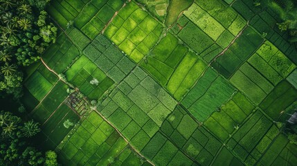 Wall Mural - Aerial drone shot of beautiful green agricultural fields and stunning natural landscape from above