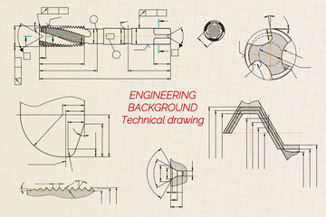 Wall Mural - Mechanical engineering drawings on sepia background. Tap tools, borer. Technical Design. Cover. Blueprint. Vector illustration.