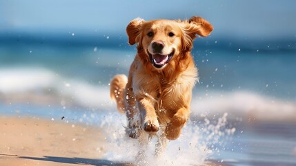 Golden retriever dog running on beautiful beach pictures
