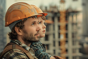 Father and son wearing construction helmets looking at building under construction, Father's Day