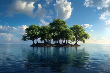 Wall Mural - Idyllic Scenery with Lush Green Trees on Small Island Surrounded by Peaceful Blue Ocean Waters