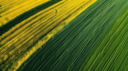 Wall Mural - green and yellow agricultural fields, aerial view of nature, farming landscape environment