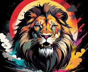 Wall Mural - A majestic lion posing as the lionking with its hairy face in an artistic background...