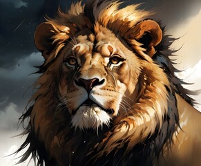 Wall Mural - A majestic lion posing as the lionking with its hairy face in an artistic background...