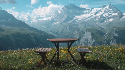 Wall Mural - small table for product placement in front of mountains, copy and text space, 16:9
