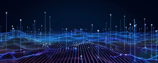 Abstract glowing blue wave with connected dots on dark background. Futuristic technology concept.