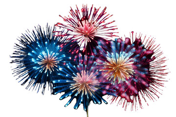 Wall Mural - A fireworks display with four fireworks in the foreground and three in the background. The fireworks are in the colors red, blue, and white