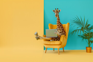 Giraffe in a yellow suit reading a newspaper in a vintage armchair. Copy space