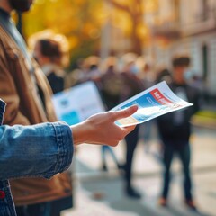 Woman distributing flyers on a busy urban street. Feale volunteer handing out pamphlets to pedestrians. Concept of advertising, public awareness, street marketing, and urban engagement.