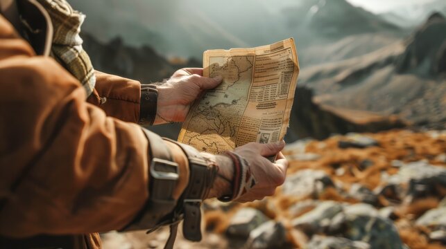 caucasian male adventurer consulting a vintage map in rugged mountains. man exploring with an old ma