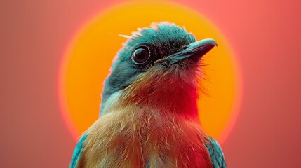 Poster - A close up of a bird with an orange background, AI