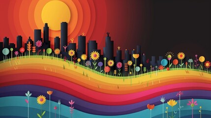 Canvas Print - A colorful cityscape with a rainbow and flowers in the foreground, AI