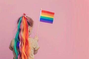 Woman with multicolored hair holding rainbow flag at pride parade, banner
