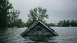 Submerged House in Rising Floodwaters. a house nearly submerged under the rising floodwaters in a lush, green environment