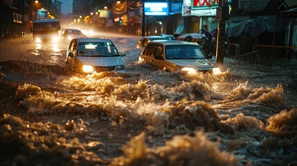 Urban Street Submerged by Flash Flood. Vehicles navigating a flooded urban street, with water rushing past parked cars and inundating the roadways