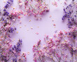 Lilac flowers on a grunge background. Flat lay, top view