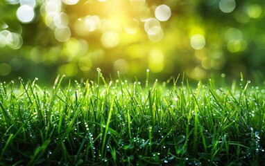 Wall Mural - A lush green field with dew on the grass. The grass is wet and the sun is shining brightly