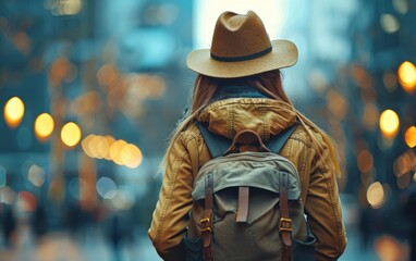 Wall Mural - A woman wearing a brown hat and a green backpack is walking down a city street. The scene is set at night, with lights illuminating the area. The woman is enjoying her walk