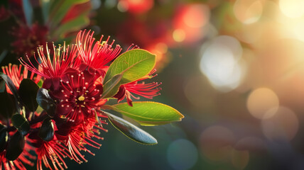 Pohutukawa tree flower. Iconic New Zealand's native Christmas tree. Macro shot, closeup, bokeh background. 