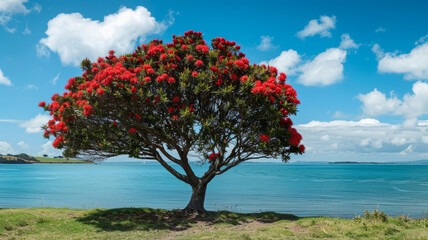 blooming pohutukawa tree on the coast. iconic new zealand's native christmas tree.