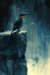 Sticker - A painting of a bird sitting on top of some rocks, AI