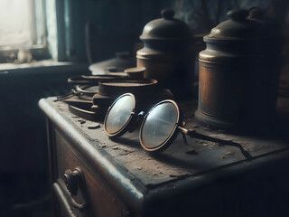 Old metal eyeglasses on an old wooden table