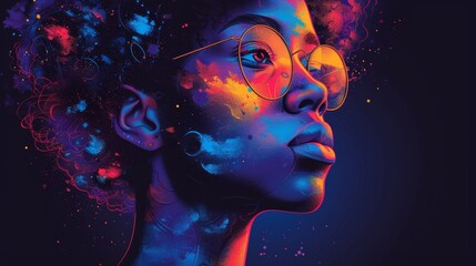 Poster - A woman with glasses and colorful hair is looking at something, AI