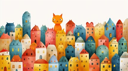 Poster - A colorful illustration of a cat sitting on top of many houses, AI