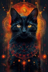 Sticker - A black cat with orange eyes and a colorful background, AI