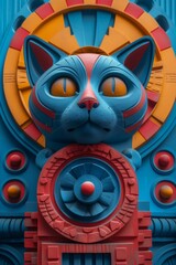 Wall Mural - A cat sculpture with a blue face and red eyes, AI