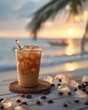 Iced coffee on tropical beach at sunset with palm tree. Summer refreshment and vacation concept. Design for poster, menu.