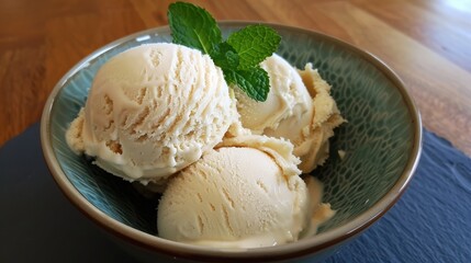 Wall Mural - Organic Homemade Vanilla Ice Cream with Fresh Mint in a Bowl
