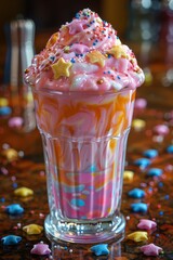 Canvas Print - A cup of a milkshake with pink and white sprinkles on top, AI