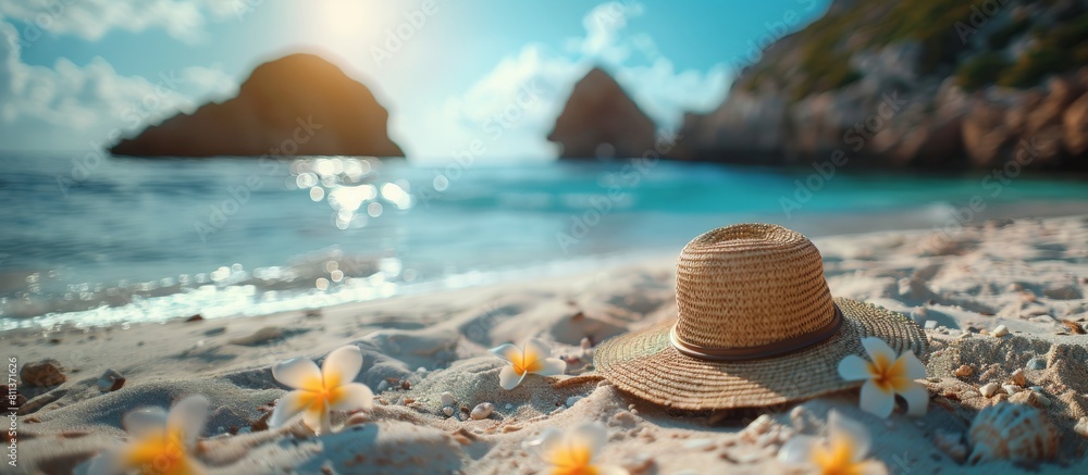 Straw hat on sandy beach with tropical flowers. Summer and vacation ...