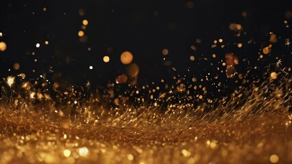 Abstract background of yellow orange gold glowing particles and bokeh dots of festive energy magic