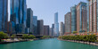 Panoramic view of High rise buildings in Downtown Chicago Chicago river.