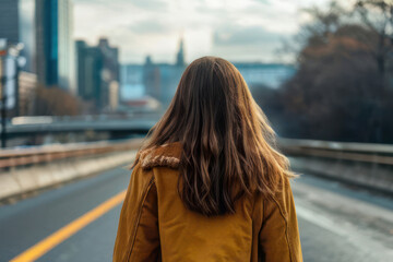 Wall Mural - Rear view of a young woman with curly hair, dressed in a beige coat, stands and looks at the city on a cloudy day.