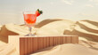 Strawberry cocktail glass with ice on a square podium with sand dunes in the background. Alcoholic or non-alcoholic drink on pedestal in the desert.