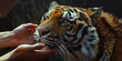 Hands petting a tiger. A zoo keeper or animal rights activist takes care of a tiger.