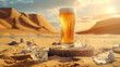 Beer glass on a round stone stand with sand dunes in the background. Alcoholic or non-alcoholic drink on pedestal in the desert.