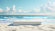 White square pedestal or podium on a sandy beach with sea waves in the background. Free space for product placement or advertising text.