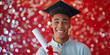 A young man in a black graduation cap is holding a diploma and smiling. Student at a college awards ceremony with blurred falling confetti on red background.