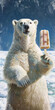 A polar bear is holding a popsicle in its mouth. The bear is standing on a snowy surface