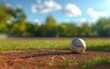 Baseball on pitcher's mound, blurred outfield background.