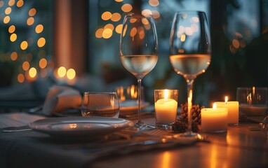 Candlelit dinner table with a warmly glowing wine glass.